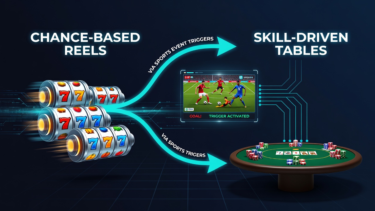 Casino floor showing transition zones between slot machines and table games during a live sports broadcast