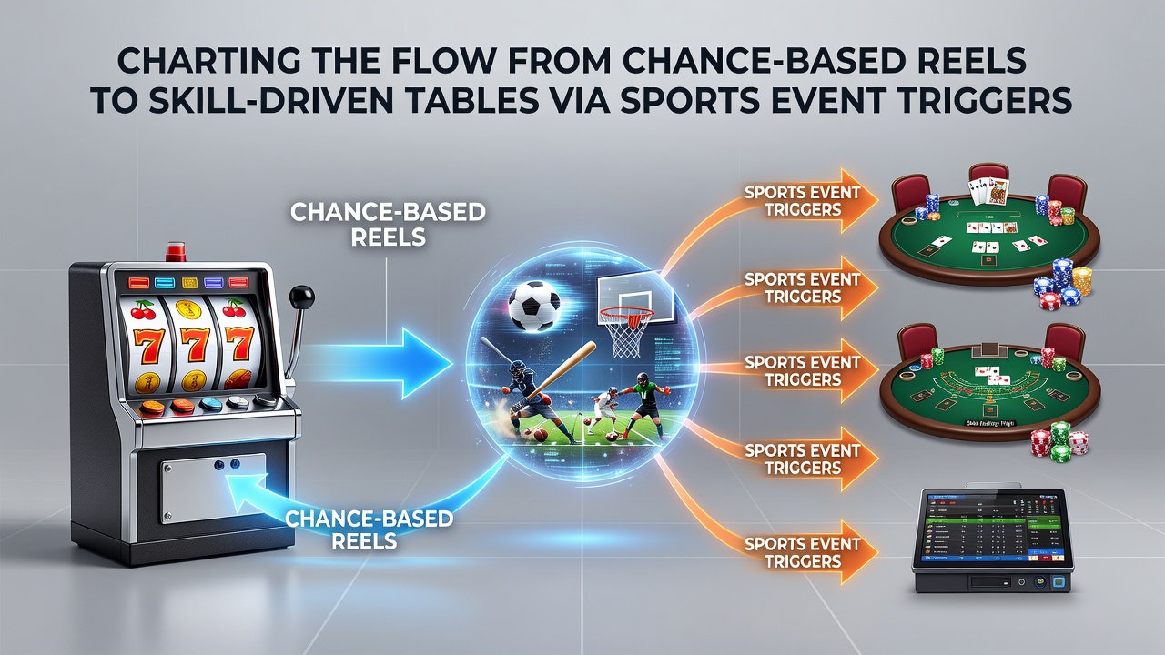 Live sports screen overlooking poker and blackjack tables with players engaged during a major game