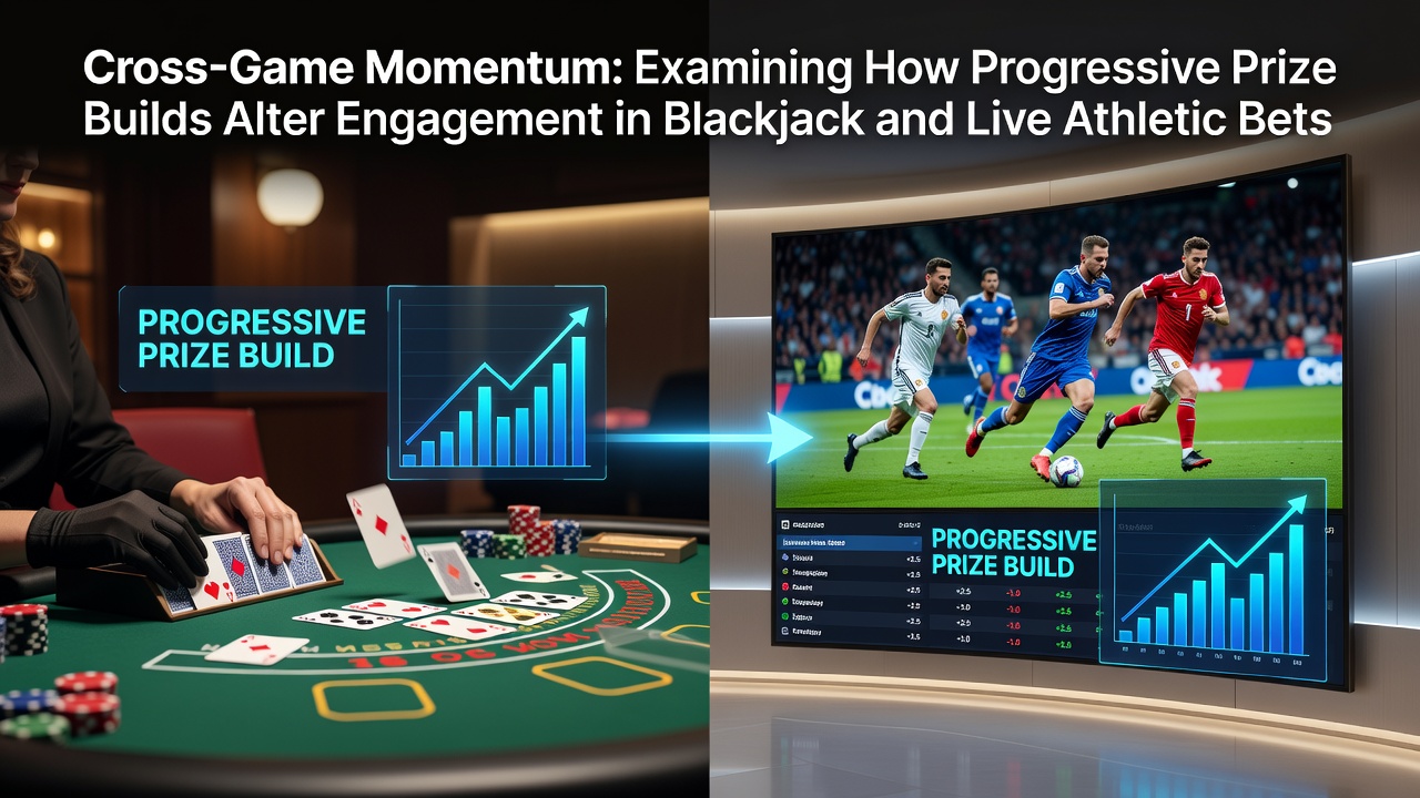 Blackjack table with progressive jackpot display alongside sports betting screens showing live athletic events
