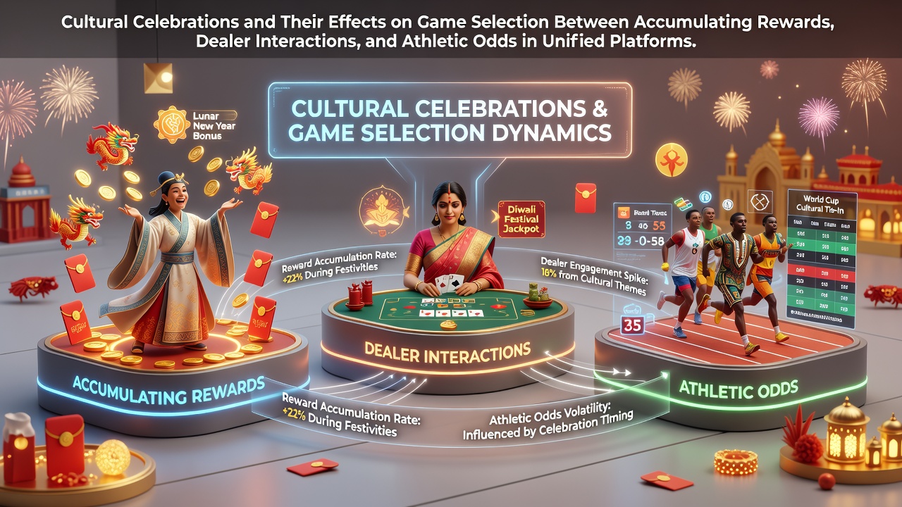 Unified gaming platform interface showing cultural celebration themes across slots, live dealer tables, and sports betting sections