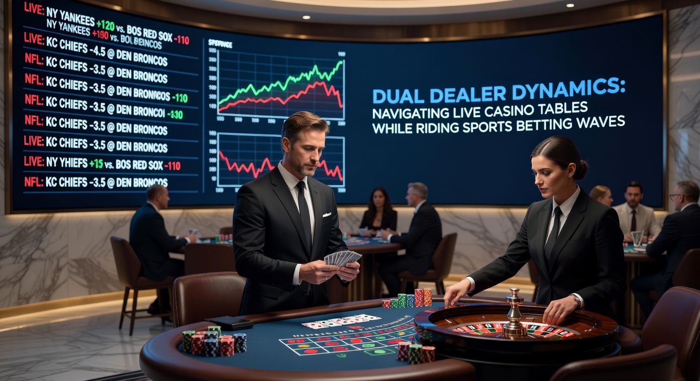 Players at a bustling live casino table glancing at sports betting screens amid the action