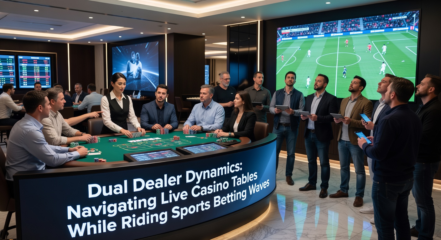 Dynamic casino floor showing integrated sports betting screens near live dealer tables