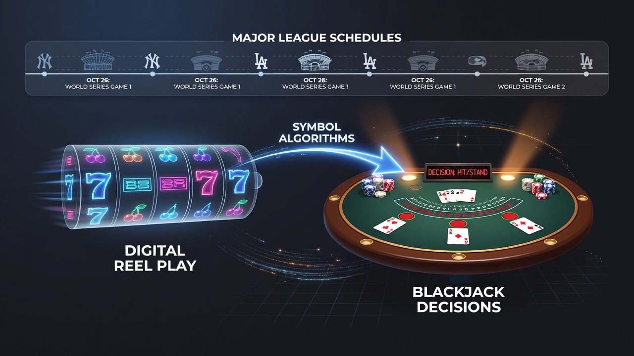 Digital slot interface displaying cascading symbol sequences that transition into blackjack table interfaces during overlapping MLB game broadcasts