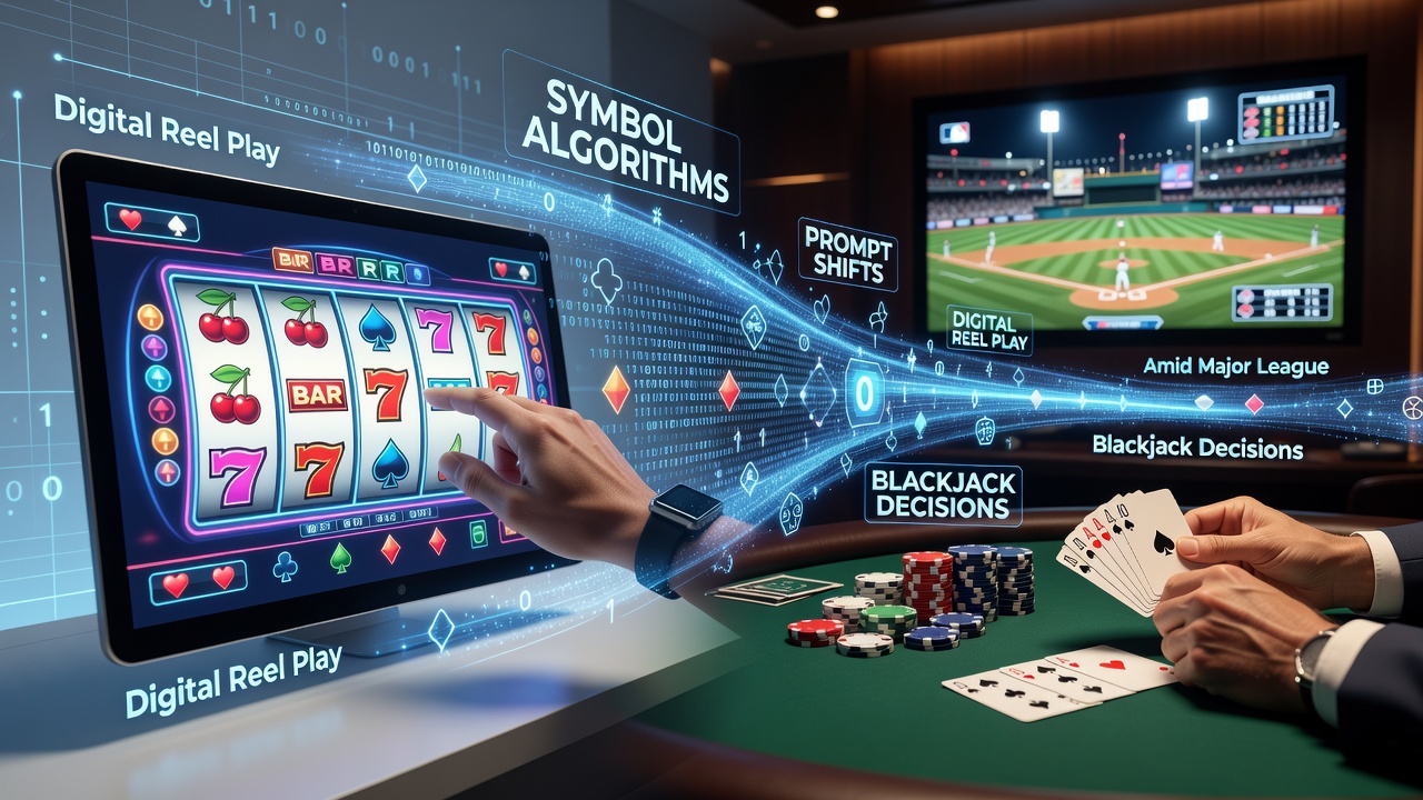 Blackjack decision interface receiving redirected players from slot symbol bonus completions during MLB schedule overlaps