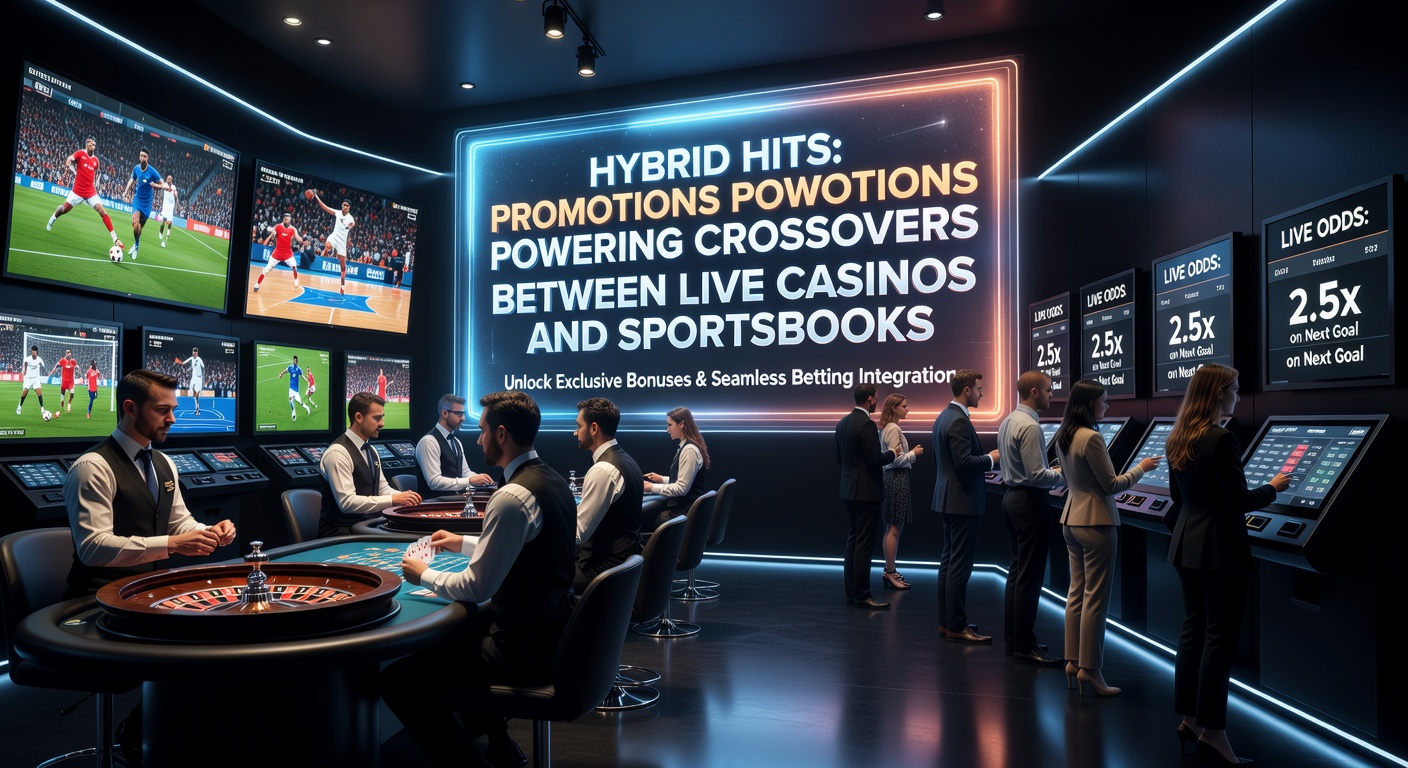 Vibrant casino floor with sports betting kiosks and players engaging in hybrid promotions, showing seamless crossover between table games and live odds displays