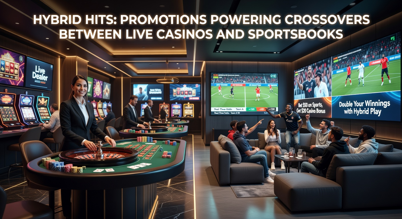 Dynamic scene of a hybrid promotion event at a live casino, with crowds around sports screens and casino tables, highlighting promotional banners and engaged players