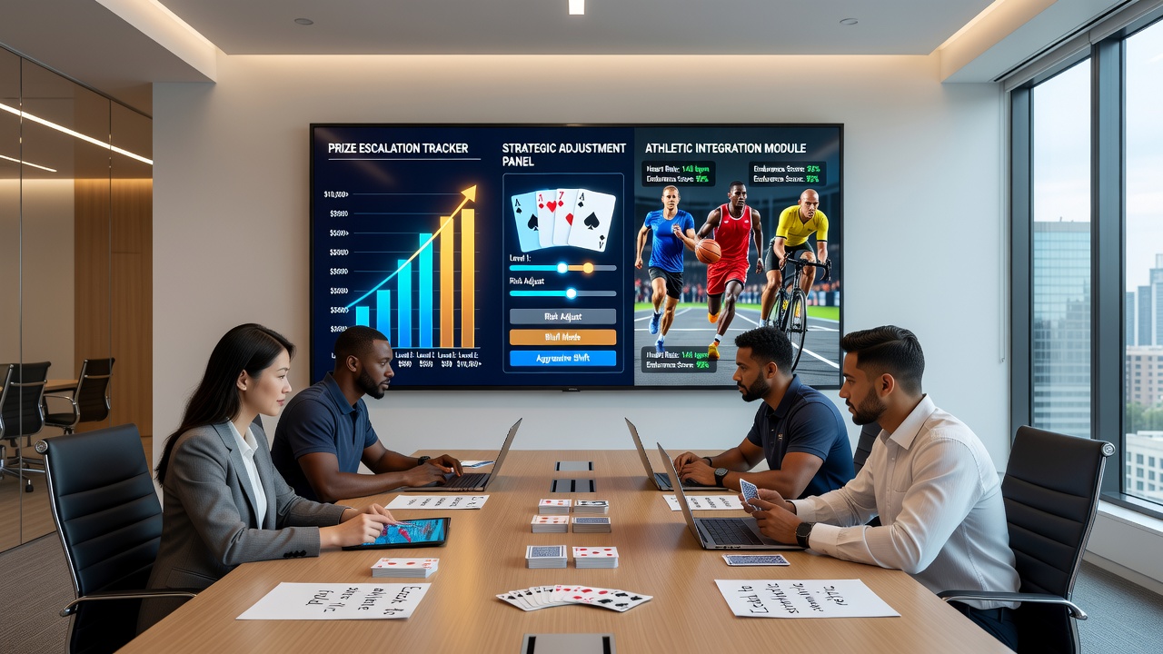 Players at card tables adjusting strategies near sports betting terminals with visible prize accumulation boards