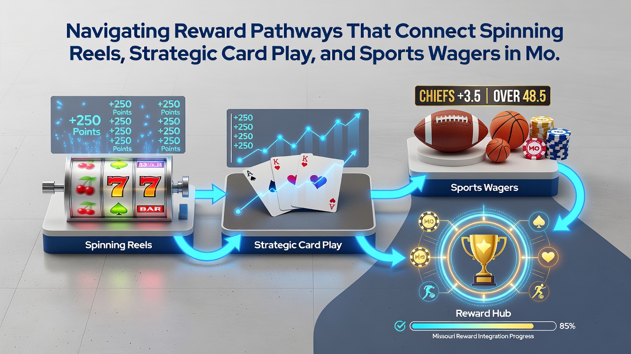 Diagram showing player transitions between slot reels, card tables, and sports wagers via reward incentives